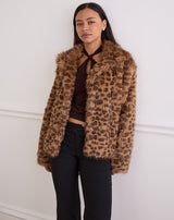 Image of Joji Crop Faux Fur Jacket in Brown Leopard
